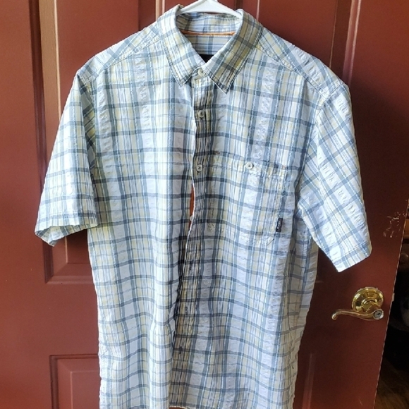 Men's Orvis Linen Blend  Blue Plaid Short Sleeve Shirt P2p 23.25 Length 30 - Picture 1 of 9